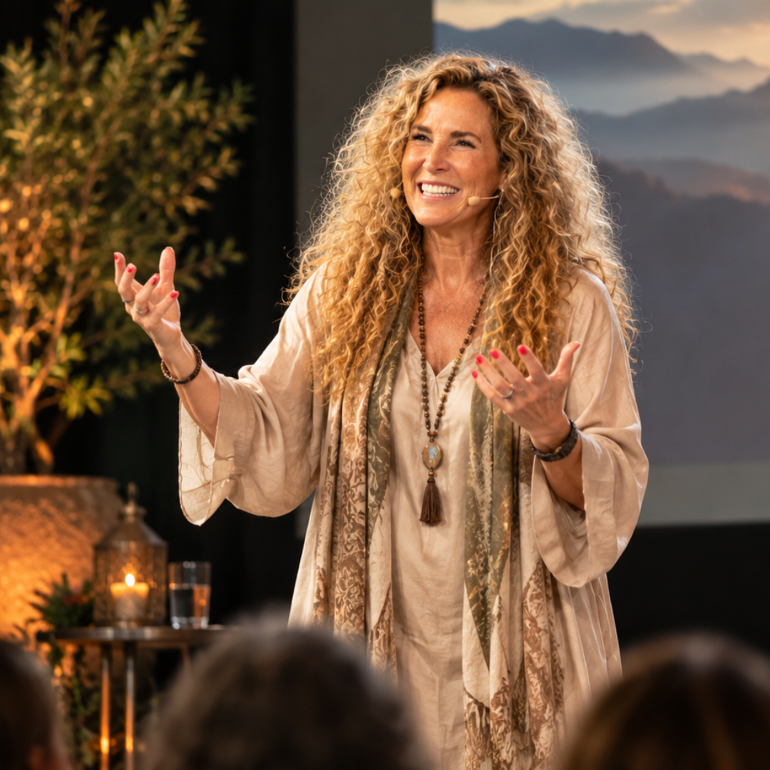 Esther Stevens speaking on stage, smiling and gesturing towards an audience during an inspirational presentation.
