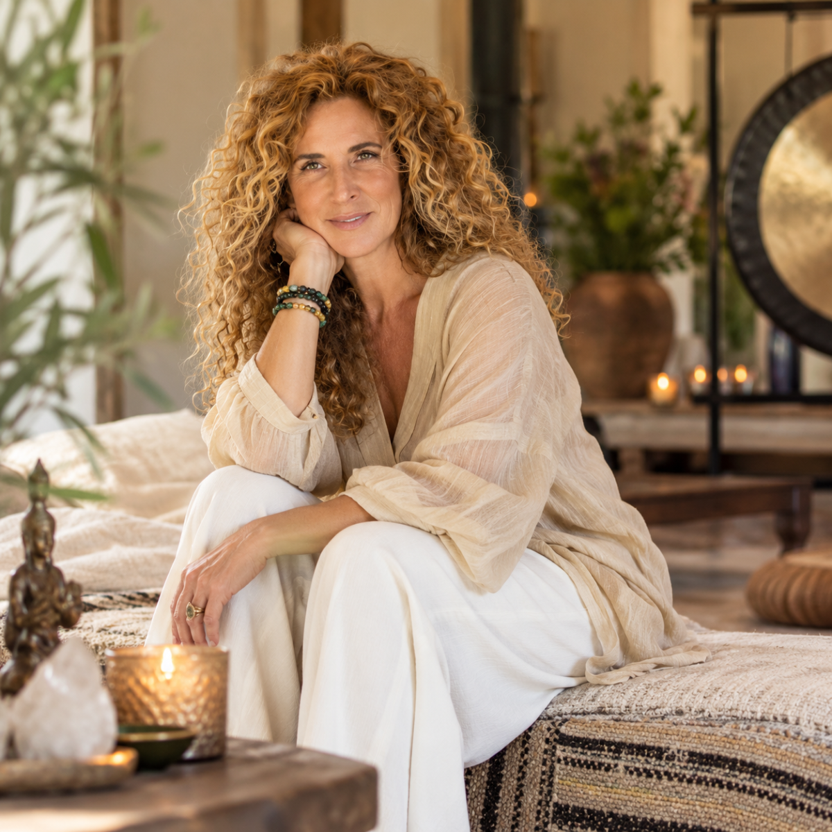 Portret van Esther Stevens in een lichte, sfeervolle ruimte met planten, kaarslicht en een gong op de achtergrond.